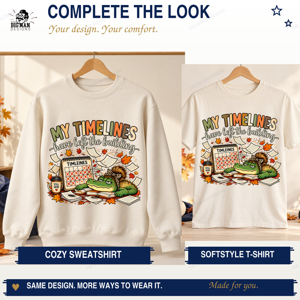 Matching natural timeline gator sweatshirt and Gildan Softstyle T-shirt options.