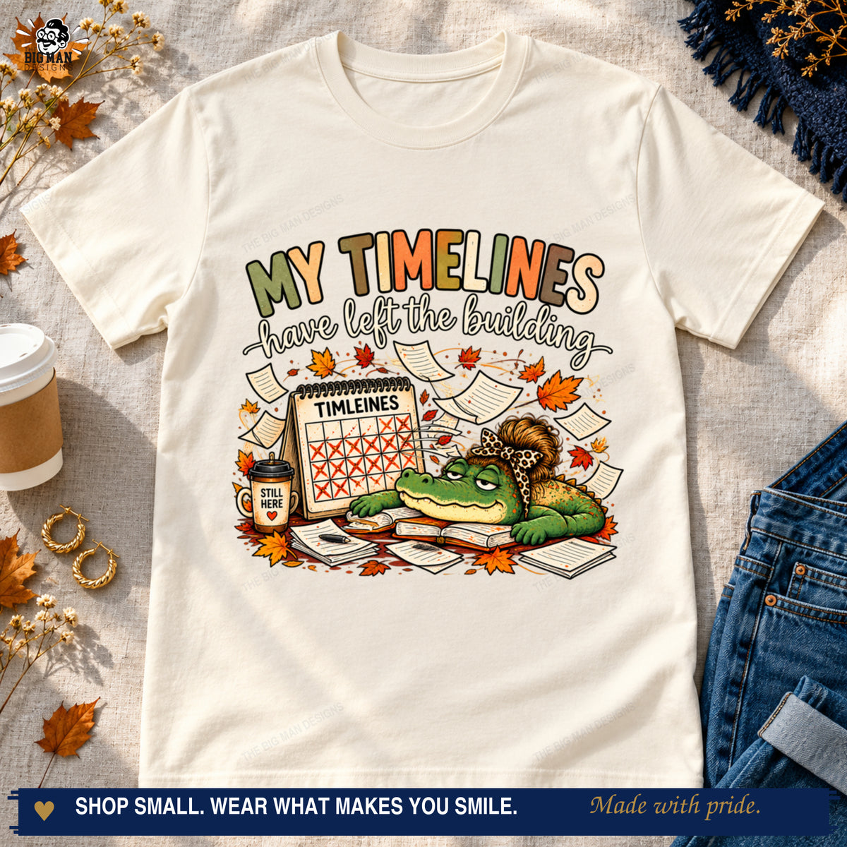 Natural fall timeline gator T-shirt styled with jeans, coffee, and autumn accents.