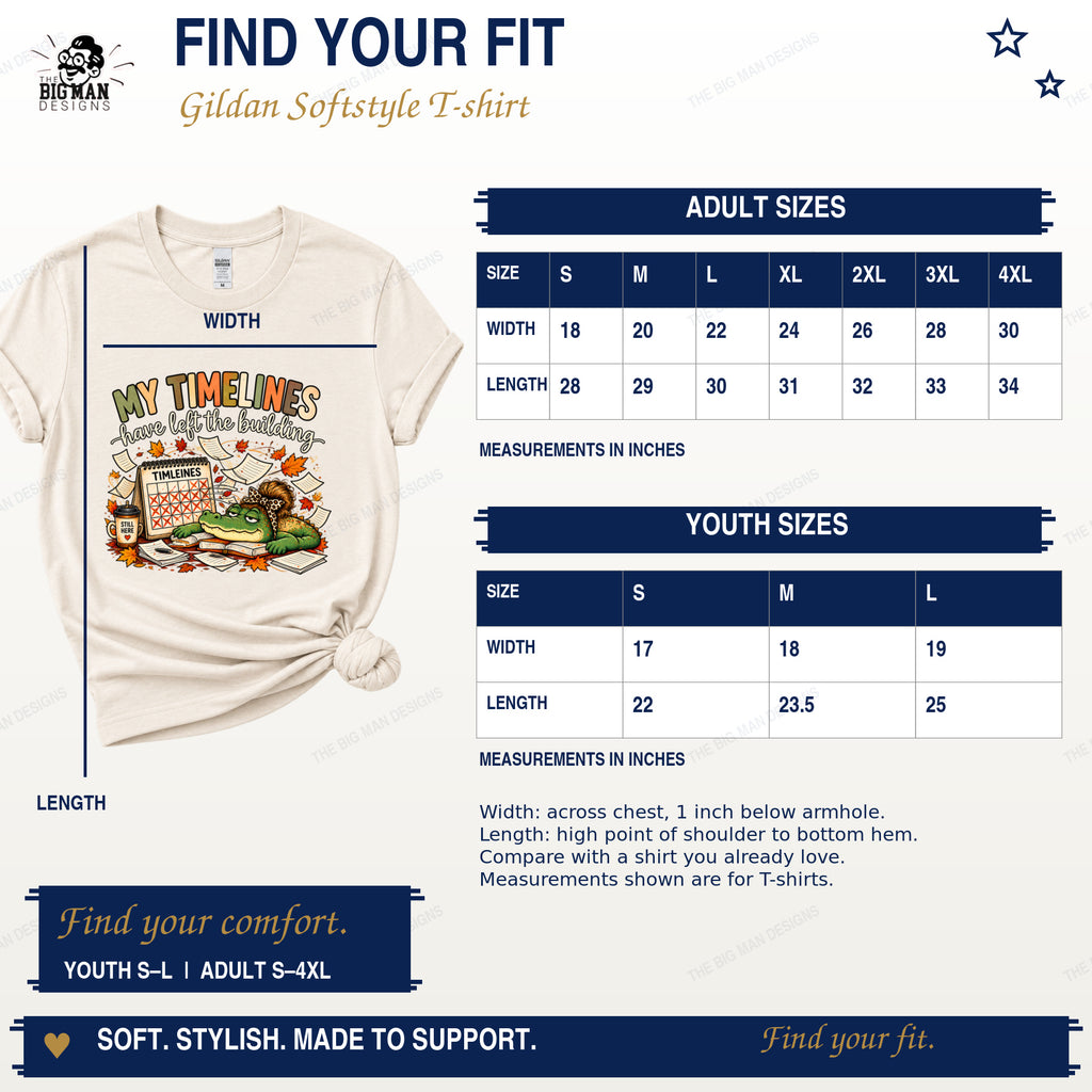 Gildan Softstyle adult and youth T-shirt width and length measurements in inches beside the timeline gator shirt.