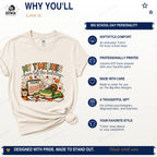 Timeline humor shirt benefits including Softstyle comfort, DTF front printing, made-to-order production, and three apparel styles.