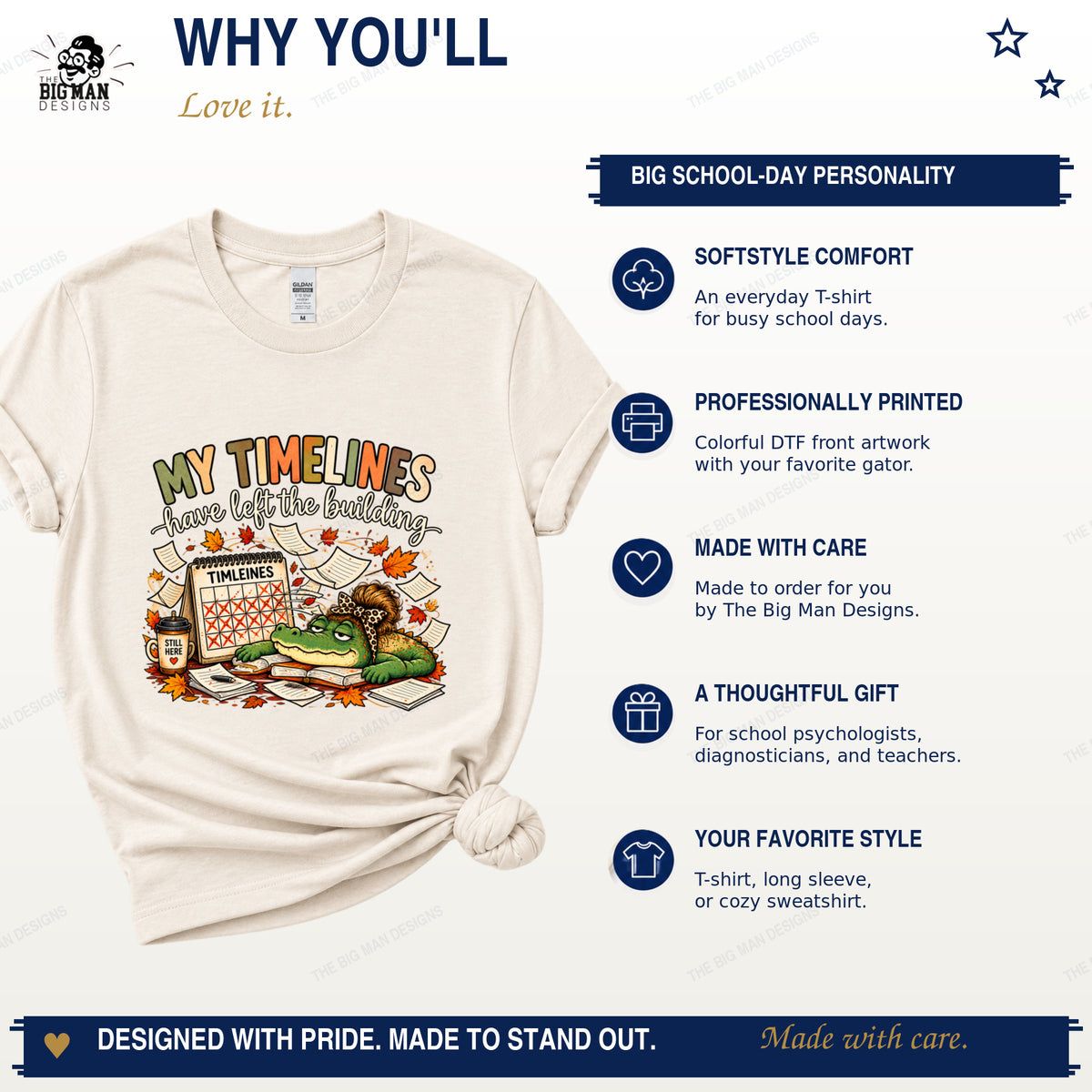 Timeline humor shirt benefits including Softstyle comfort, DTF front printing, made-to-order production, and three apparel styles.