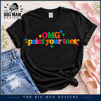 Black OMG Point Your Toes dance T-shirt flat lay with ballet slippers, pink ribbon and denim