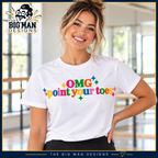 Dance instructor wearing a white OMG Point Your Toes graphic T-shirt in a bright dance studio