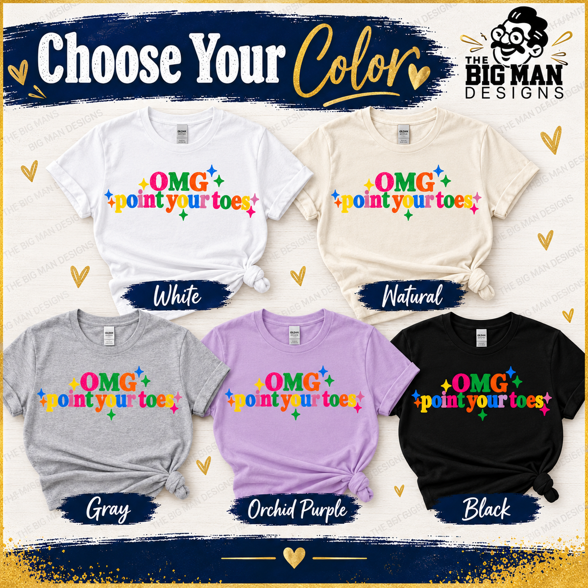 OMG Point Your Toes shirt colors: White, Natural, Gray, Orchid Purple and Black