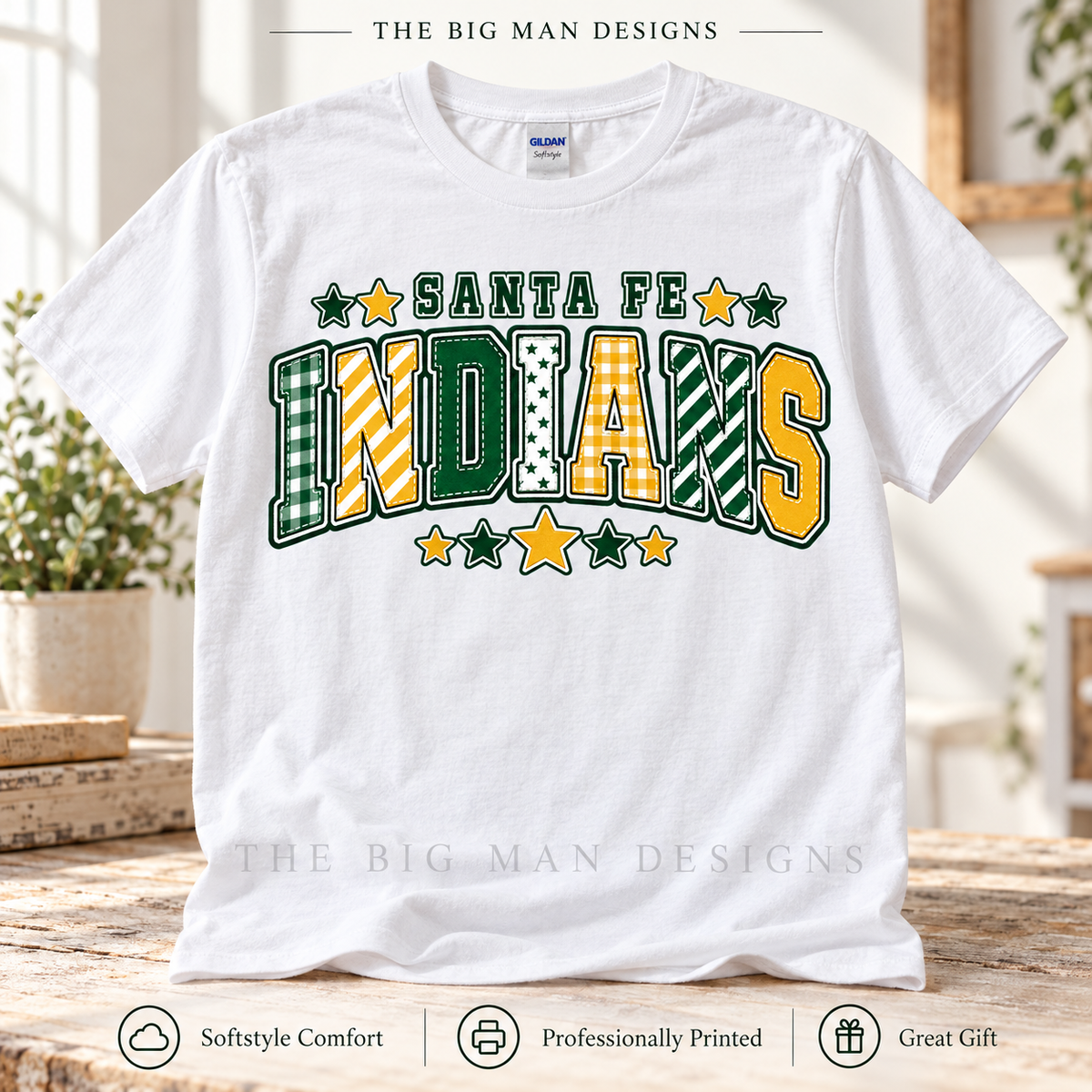 White Gildan Softstyle shirt with Santa Fe Indians patchwork varsity lettering, gingham, stripes and stars.