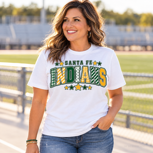 Customer wearing a white Santa Fe Indians patchwork varsity school spirit T-shirt.