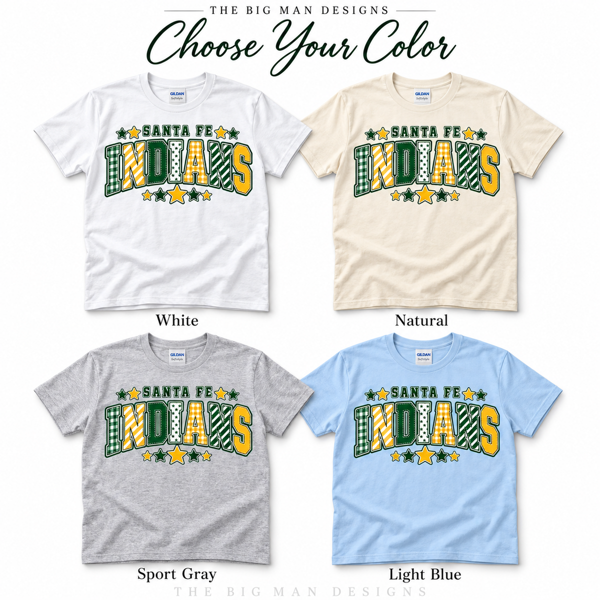 Santa Fe Indians patchwork varsity shirt mockups in White, Natural, Sport Gray and Light Blue.