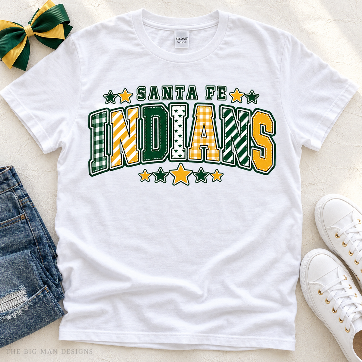 White Santa Fe Indians patchwork varsity T-shirt styled in a boutique flat lay.