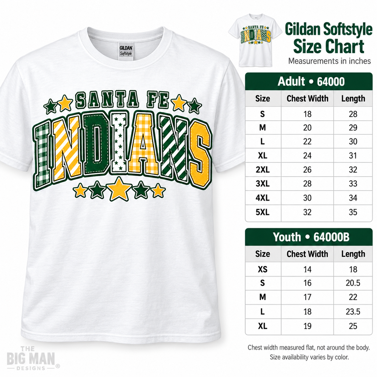 Gildan Softstyle adult and youth shirt size chart with flat chest width and length in inches.