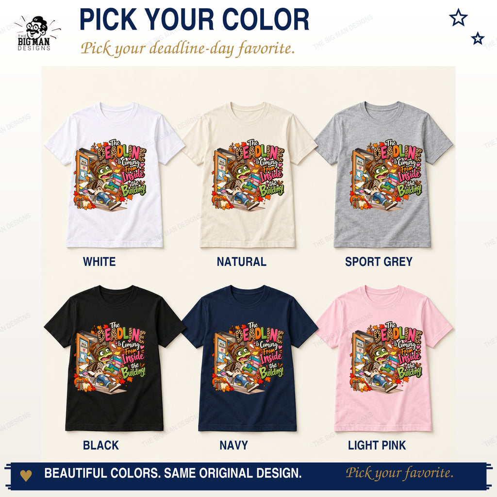 Deadline gator shirt color options in White, Natural, Sport Grey, Black, Navy, and Light Pink.