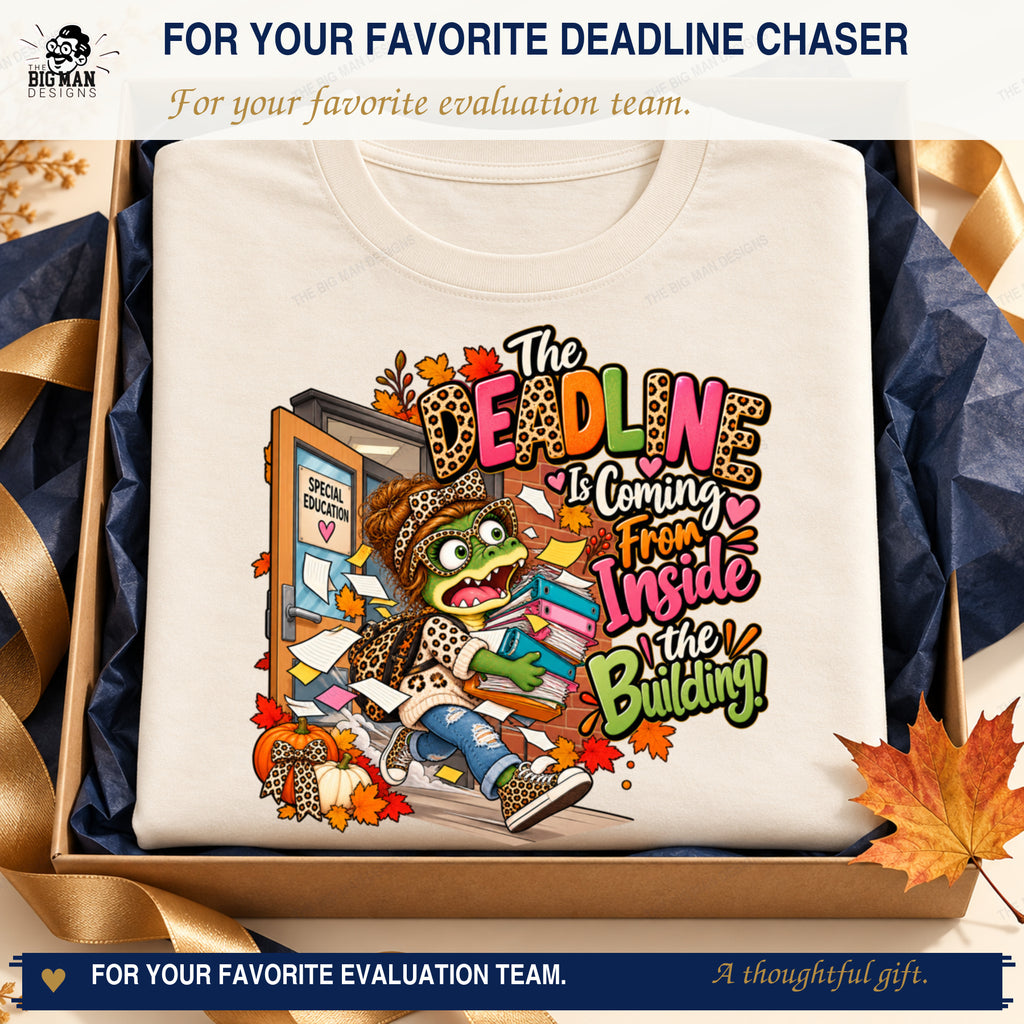 The Deadline Is Coming From Inside the Building shirt styled in a navy and gold gift box for educators.