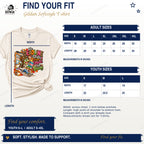 Gildan Softstyle adult and youth T-shirt width and length measurements in inches beside the deadline gator shirt.
