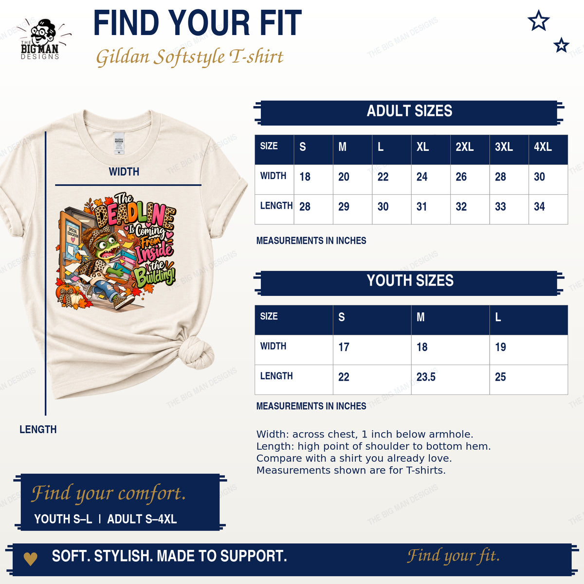 Gildan Softstyle adult and youth T-shirt width and length measurements in inches beside the deadline gator shirt.