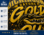 A close-up of a printed fabric design featuring a gold alligator head and large gold lettering on a dark background, with a vertical sidebar showing product features and branding for Big Man Designs.