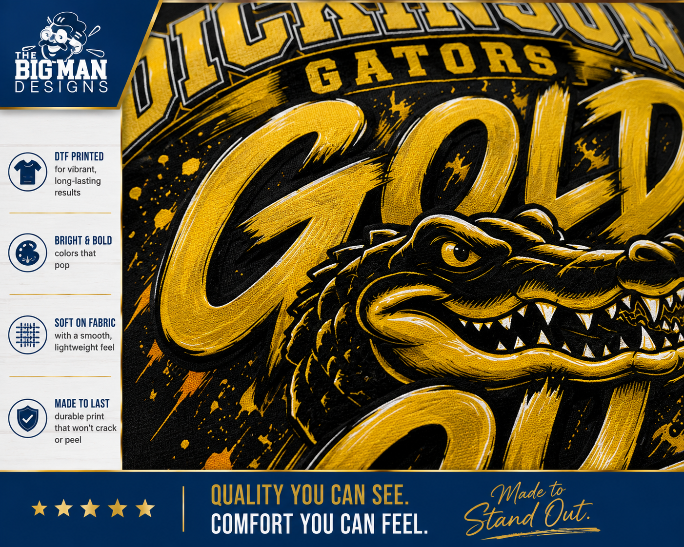 A close-up of a printed fabric design featuring a gold alligator head and large gold lettering on a dark background, with a vertical sidebar showing product features and branding for Big Man Designs.