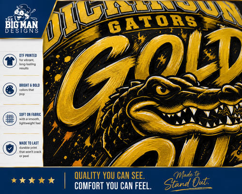 A close-up of a printed fabric design featuring a gold alligator head and large gold lettering on a dark background, with a vertical sidebar showing product features and branding for Big Man Designs.