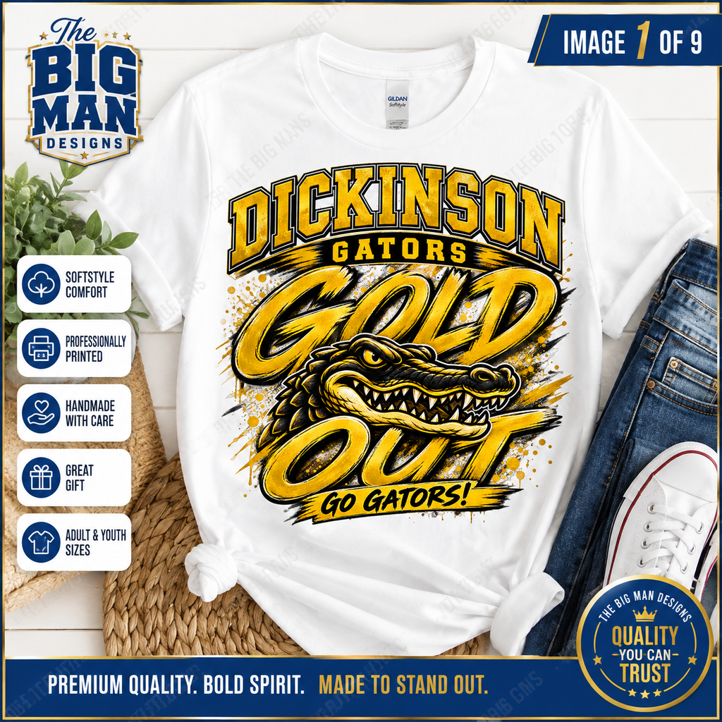 A white graphic t-shirt featuring the 'Dickinson Gators Gold Out Go Gators!' design in yellow and black, styled in a flat-lay with blue jeans, a woven mat, and a white sneaker. The image includes promotional overlays for 'The Big Man Designs'.