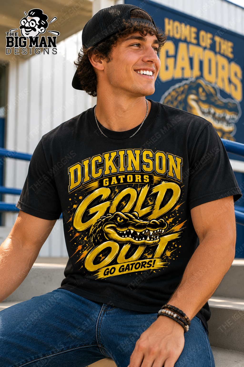 A smiling man wearing a black t-shirt with a yellow and white 'Dickinson Gators Gold Out Go Gators' graphic, paired with blue jeans and a black cap. The background shows a blue and white stadium setting with a 'Home of the Gators' sign.