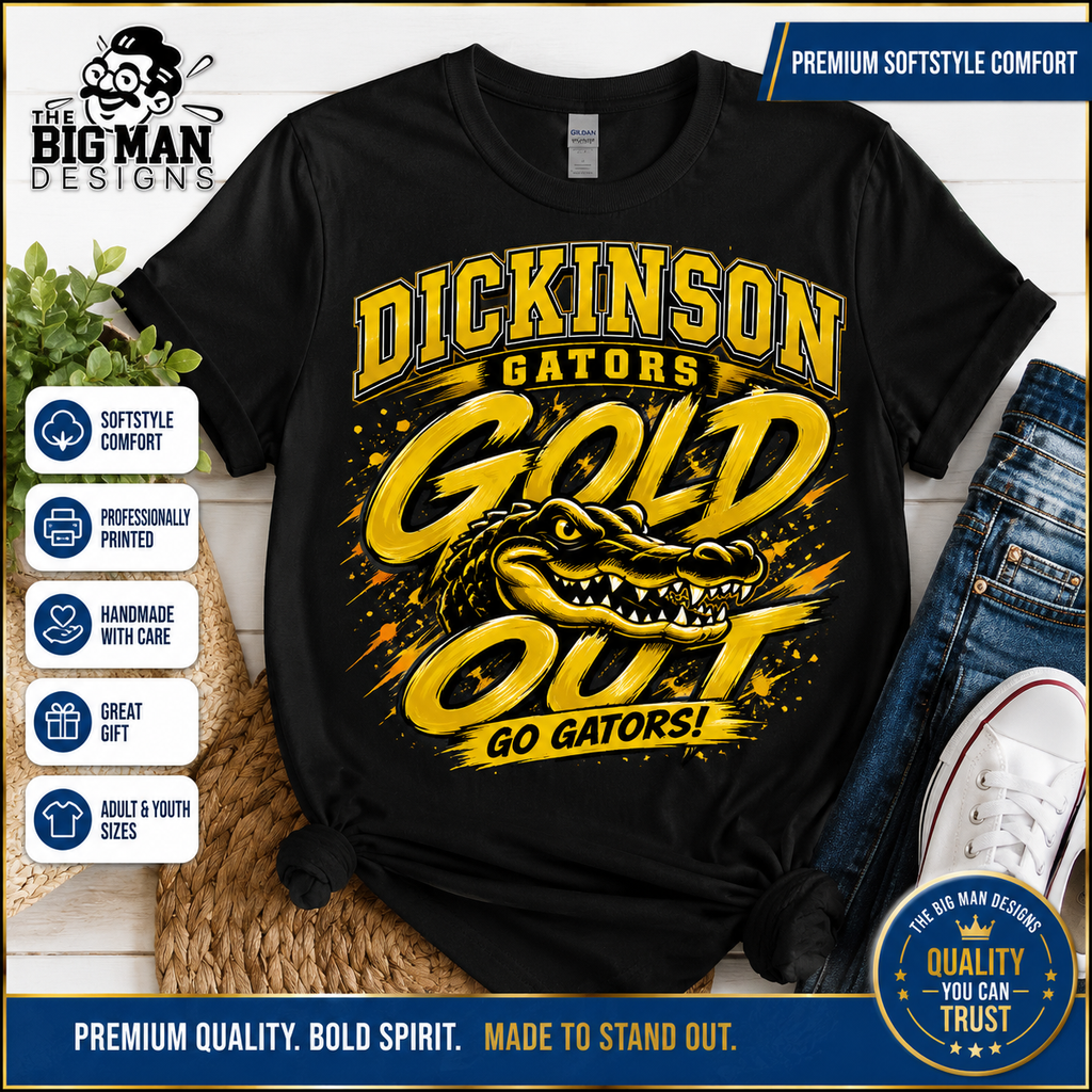 A black short-sleeve graphic T-shirt laid flat with jeans, a shoe, and decorative props around it. The shirt features large yellow and gold text reading 'DICKINSON GATORS GOLD OUT GO GATORS!' with a gator illustration.