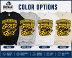 A promotional graphic showing four T-shirt color options with the same large 'Dickinson Gators Gold Out Go Gators!' print. The shirts are labeled Black, Sport Gray, White, and Natural, with a blue header reading 'COLOR OPTIONS' and a blue footer with product features.