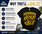 A promotional graphic for a black graphic t-shirt featuring the 'Dickinson Gators Gold Out Go Gators!' design. The t-shirt is displayed on a styled flat-lay with blue jeans, white sneakers, and a small plant, alongside text highlighting product features like softstyle comfort, professional DTF printing, and handmade care.