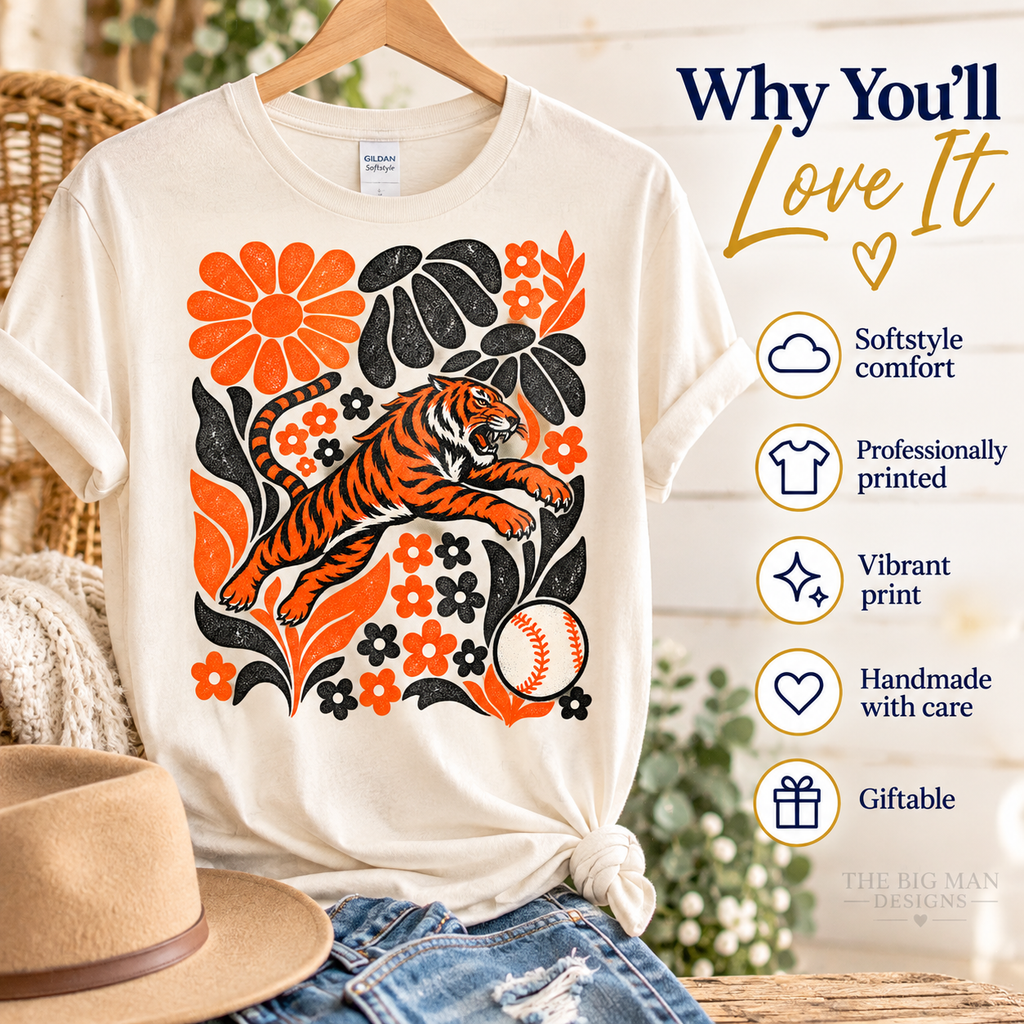 Tiger floral baseball design: Shirt features and benefits. The Big Man Designs.