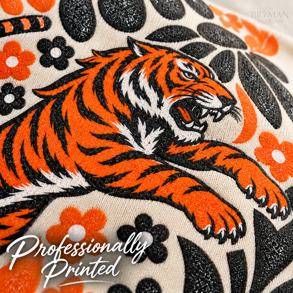 Tiger floral baseball design: Cropped DTF print and fabric detail. The Big Man Designs.