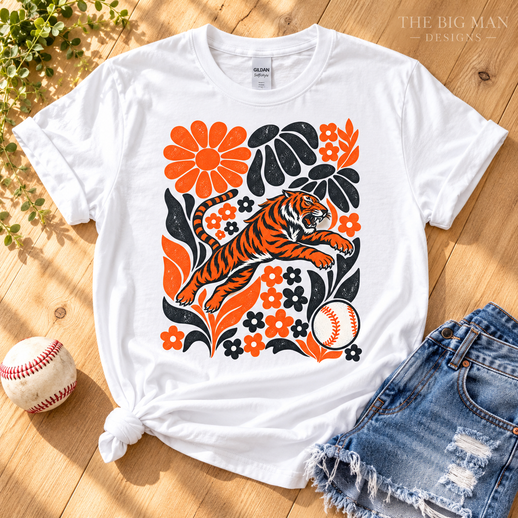 Tiger floral baseball design: White shirt boutique flat lay. The Big Man Designs.