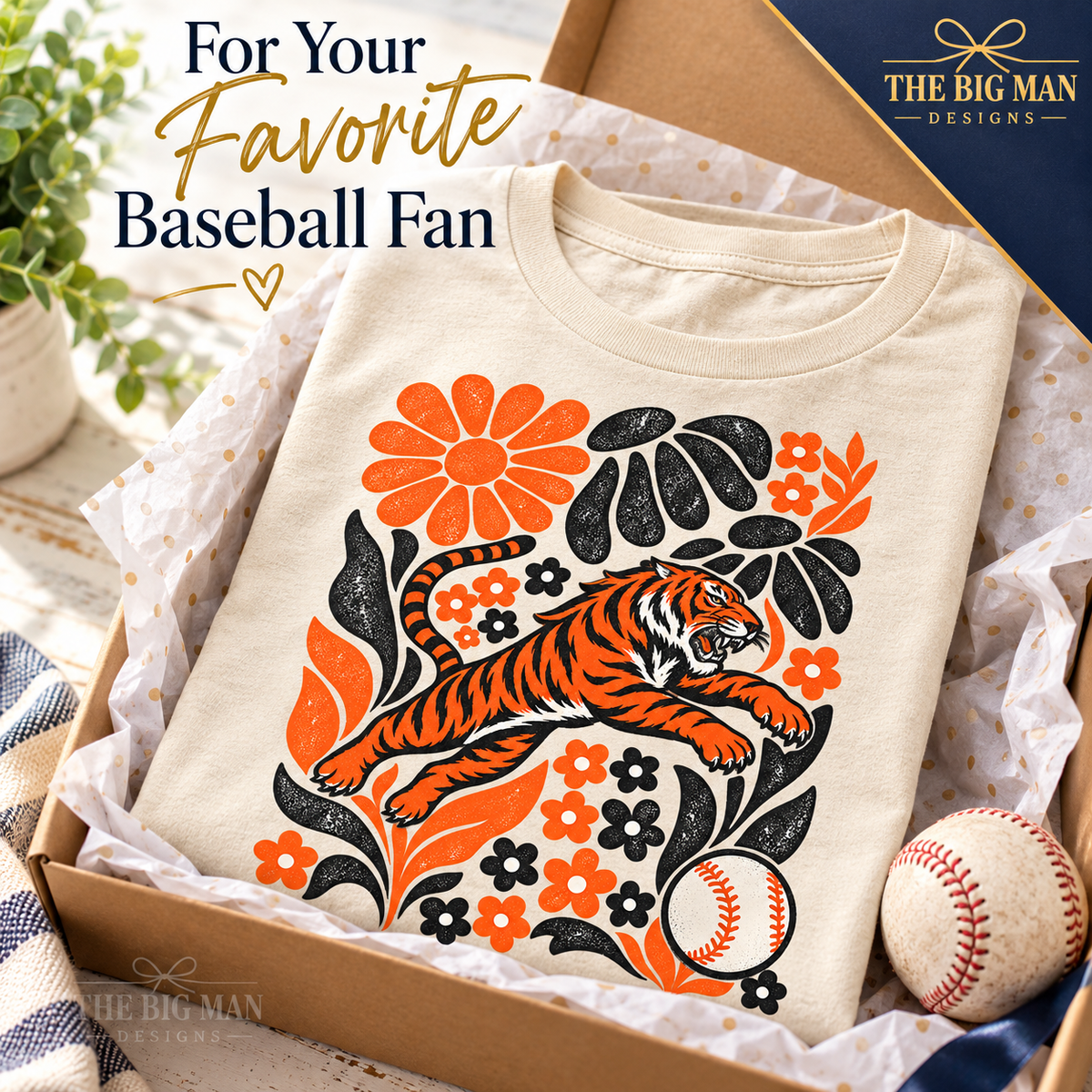 Tiger floral baseball design: Baseball fan shirt gift box. The Big Man Designs.