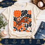 Tiger floral baseball design: Natural shirt hero flat lay. The Big Man Designs.