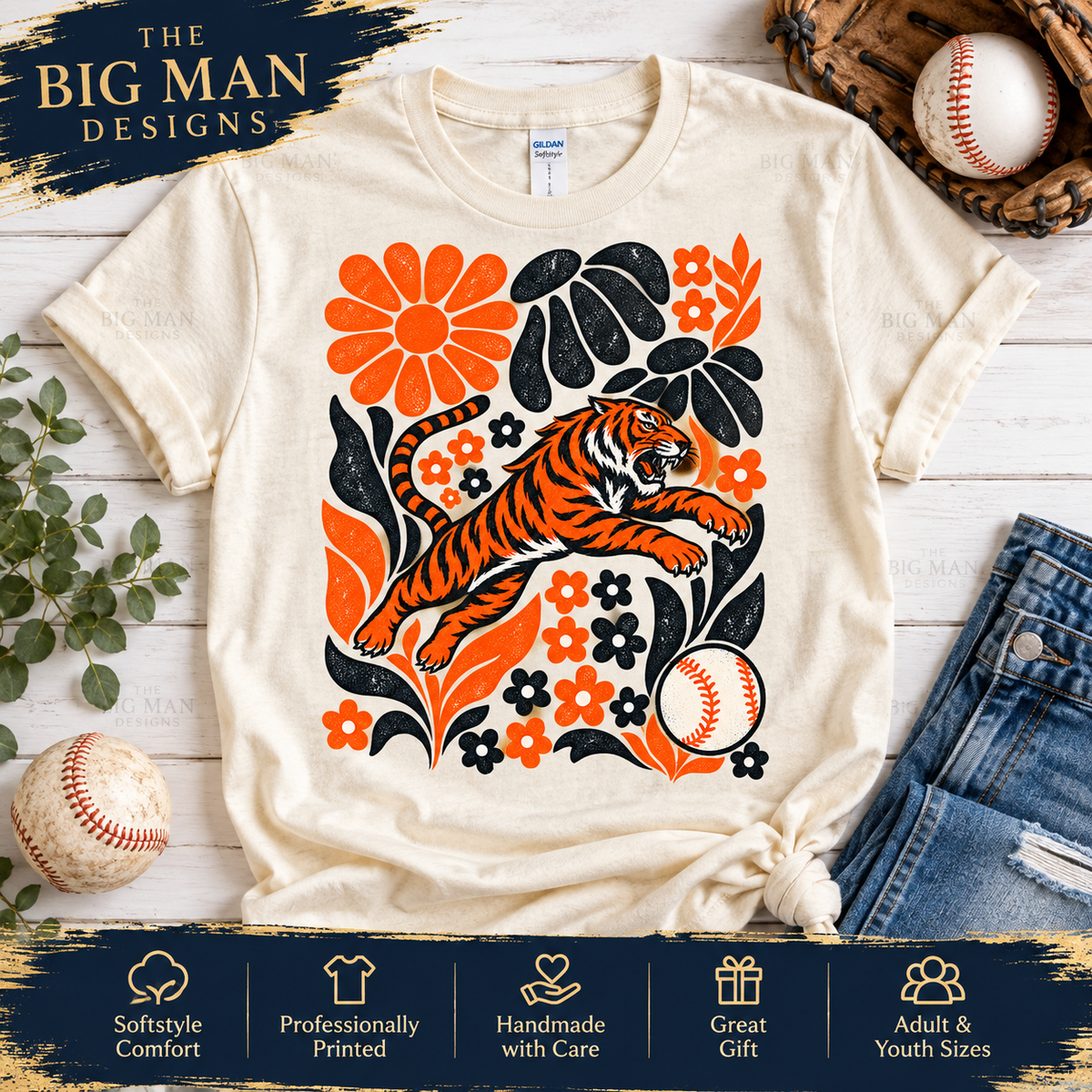 Tiger floral baseball design: Natural shirt hero flat lay. The Big Man Designs.