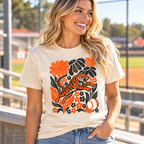Tiger floral baseball design: Woman wearing shirt at a baseball park. The Big Man Designs.