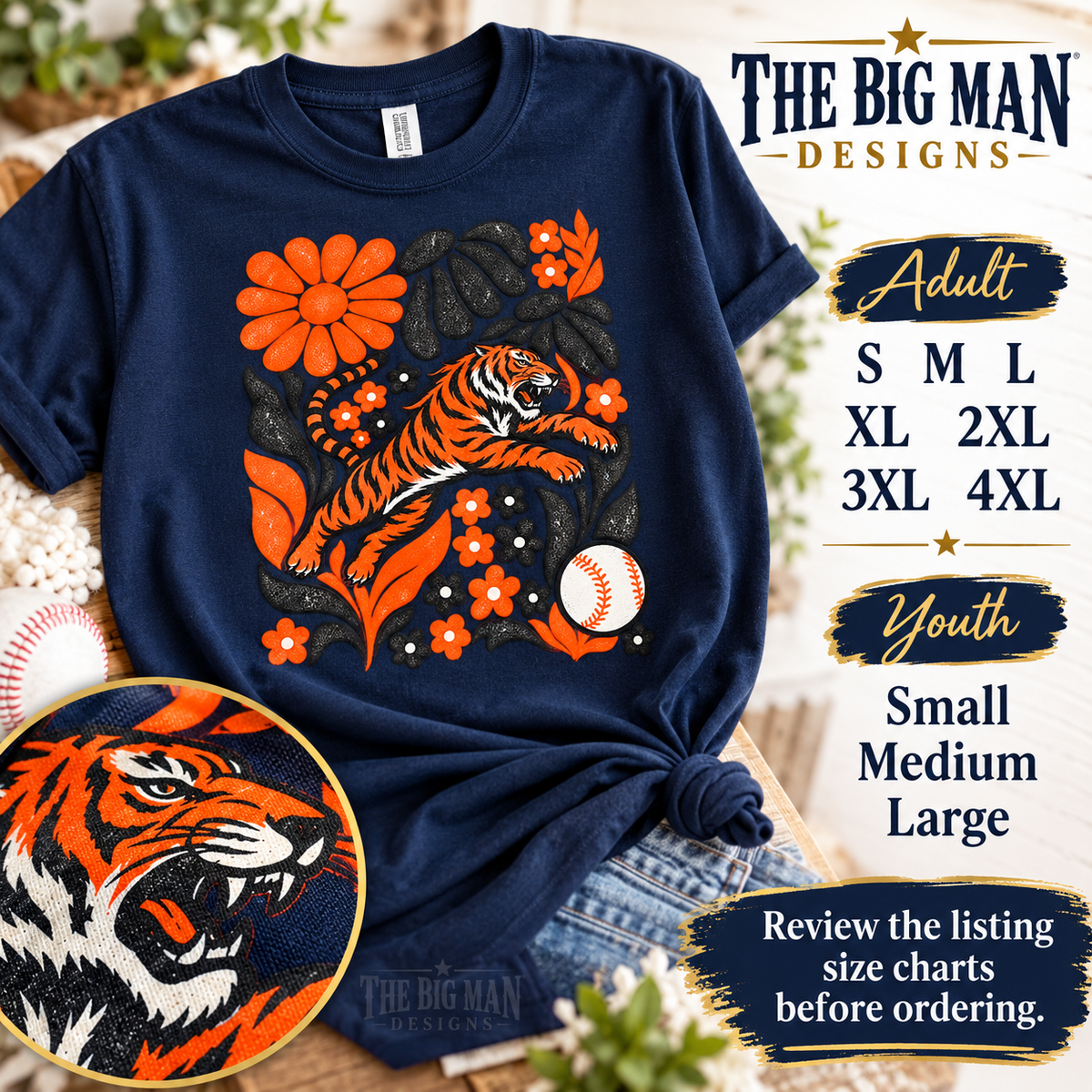 Tiger floral baseball design: Adult and youth size names guide. The Big Man Designs.