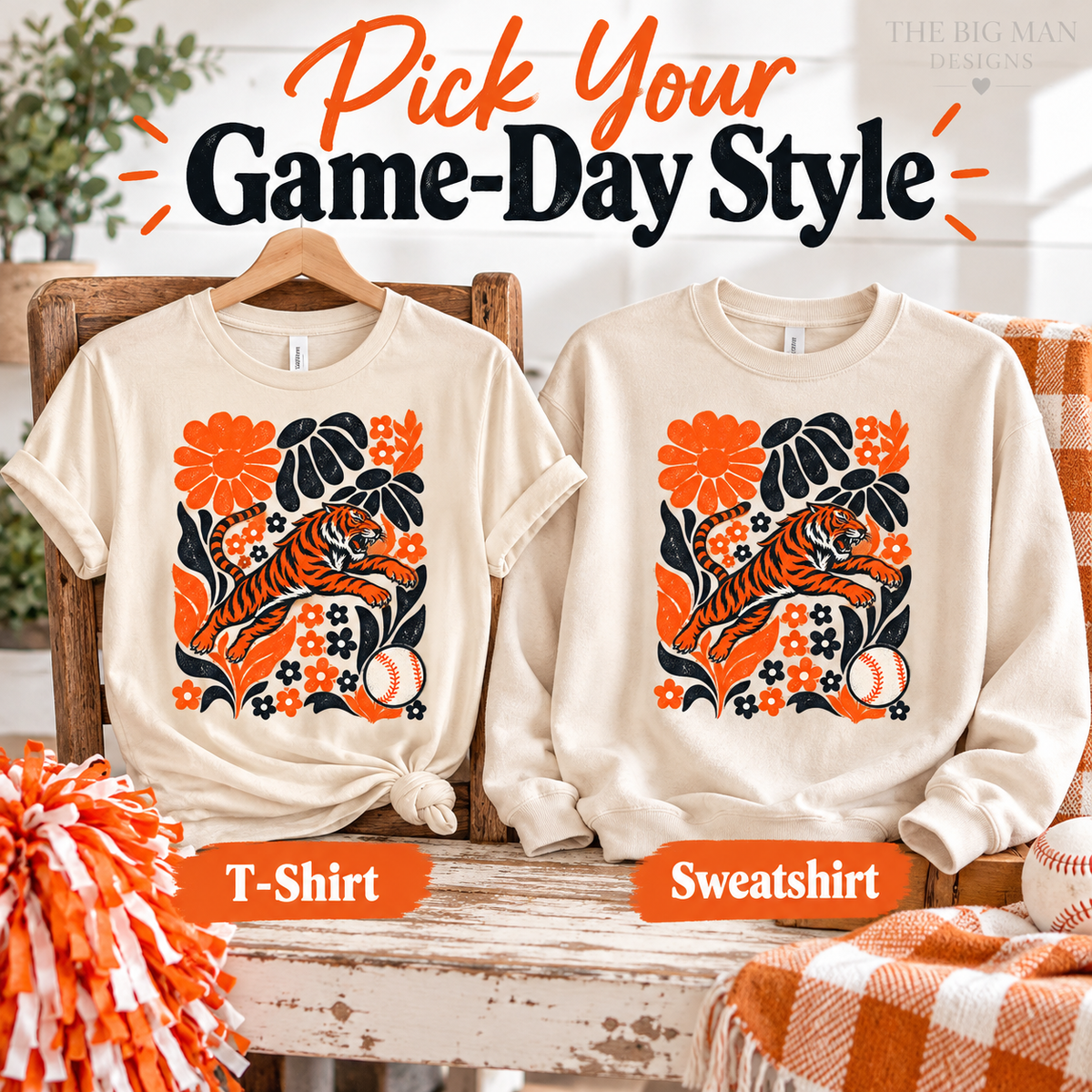 Tiger floral baseball design: T-shirt and sweatshirt style options. The Big Man Designs.